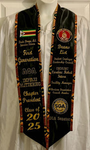 Graduation Stole with Kente Cloth Fabric/ College Graduation Stole/ Personalized Stole/ Memory Stole/ Free Shipping